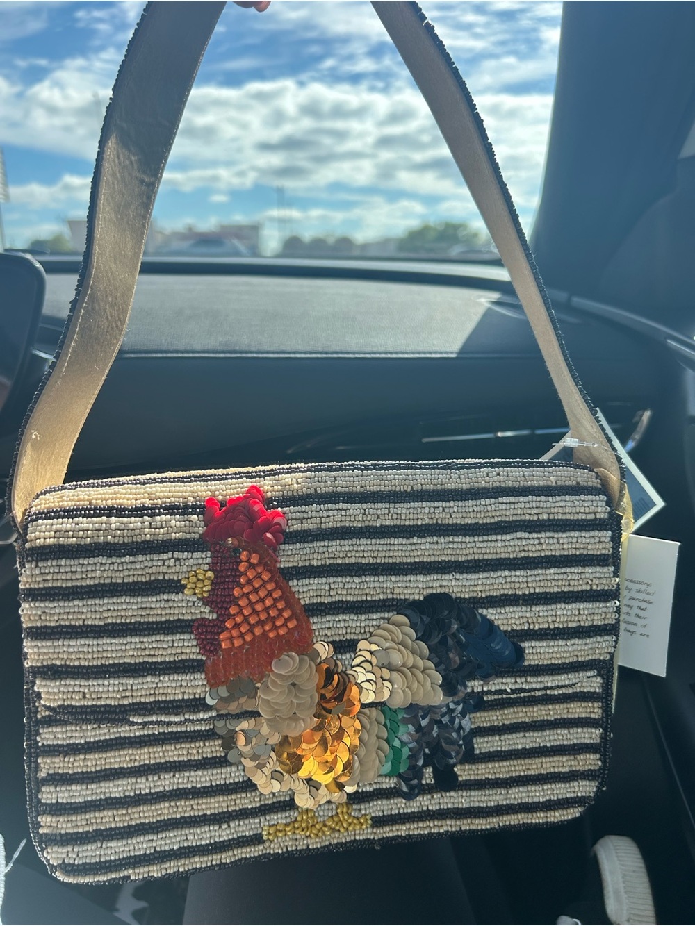Beaded Stripe Shoulder Bag with Sequined Rooster